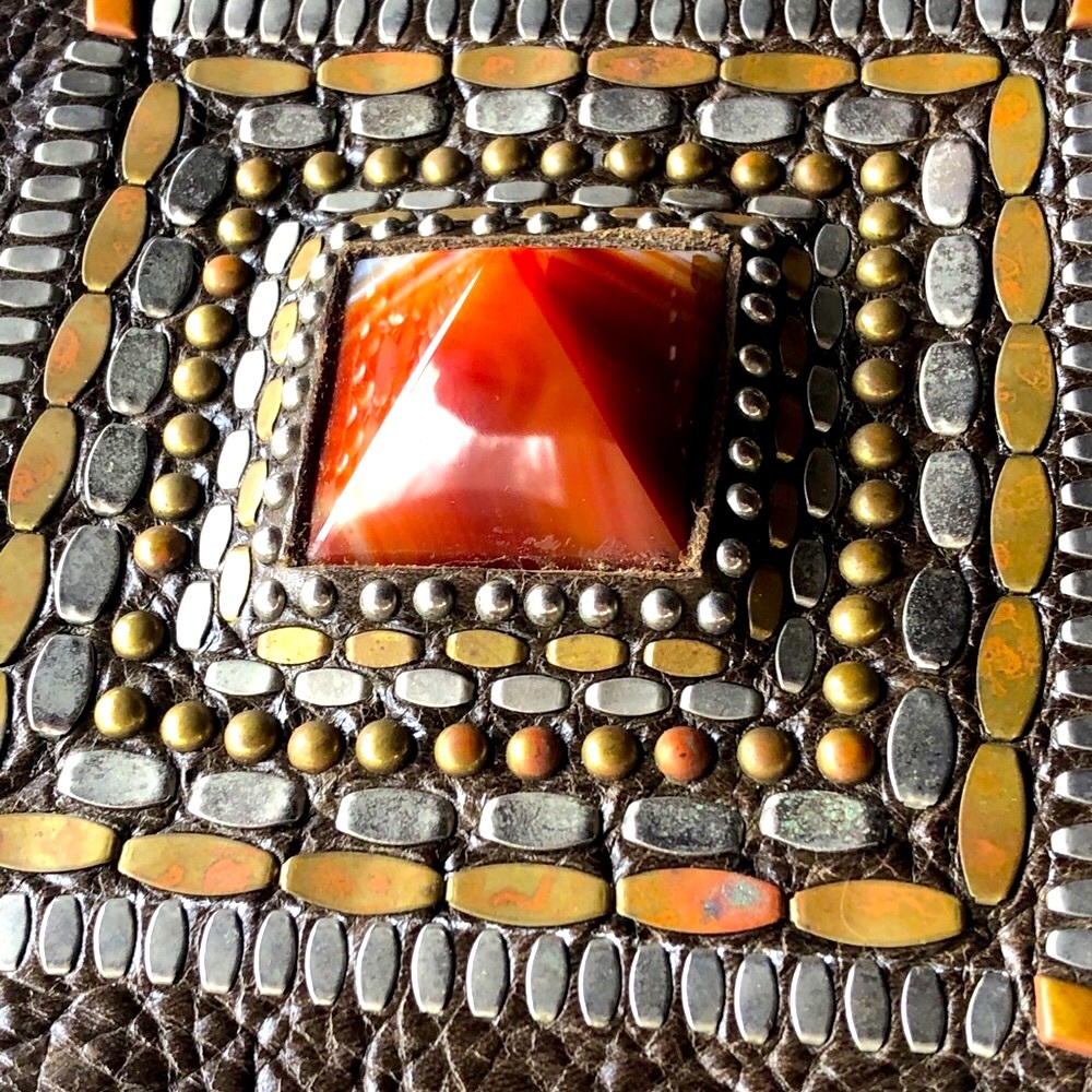 Calleen Cordero Joyti Metallic Khaki Messenger Bag with Carnelian Stone Studs - Picture 2 of 15